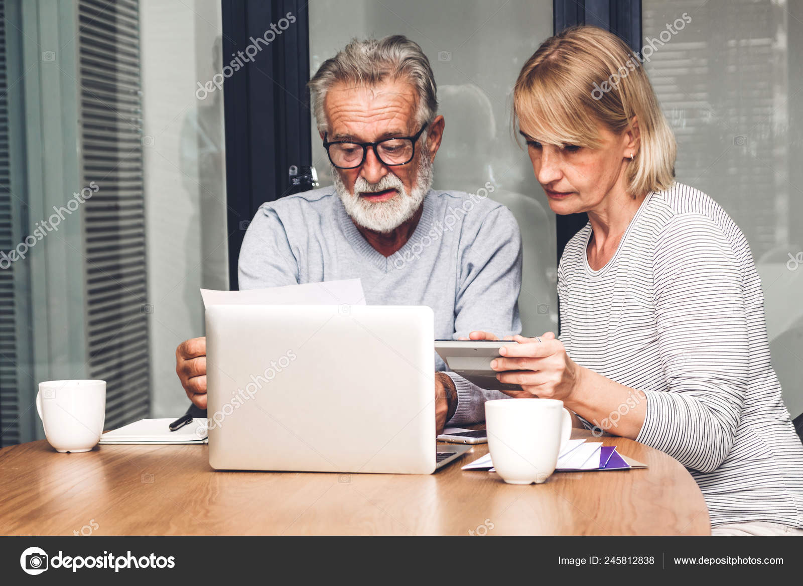 An older couple reviewing documents beside a laptop while comparing options at home.