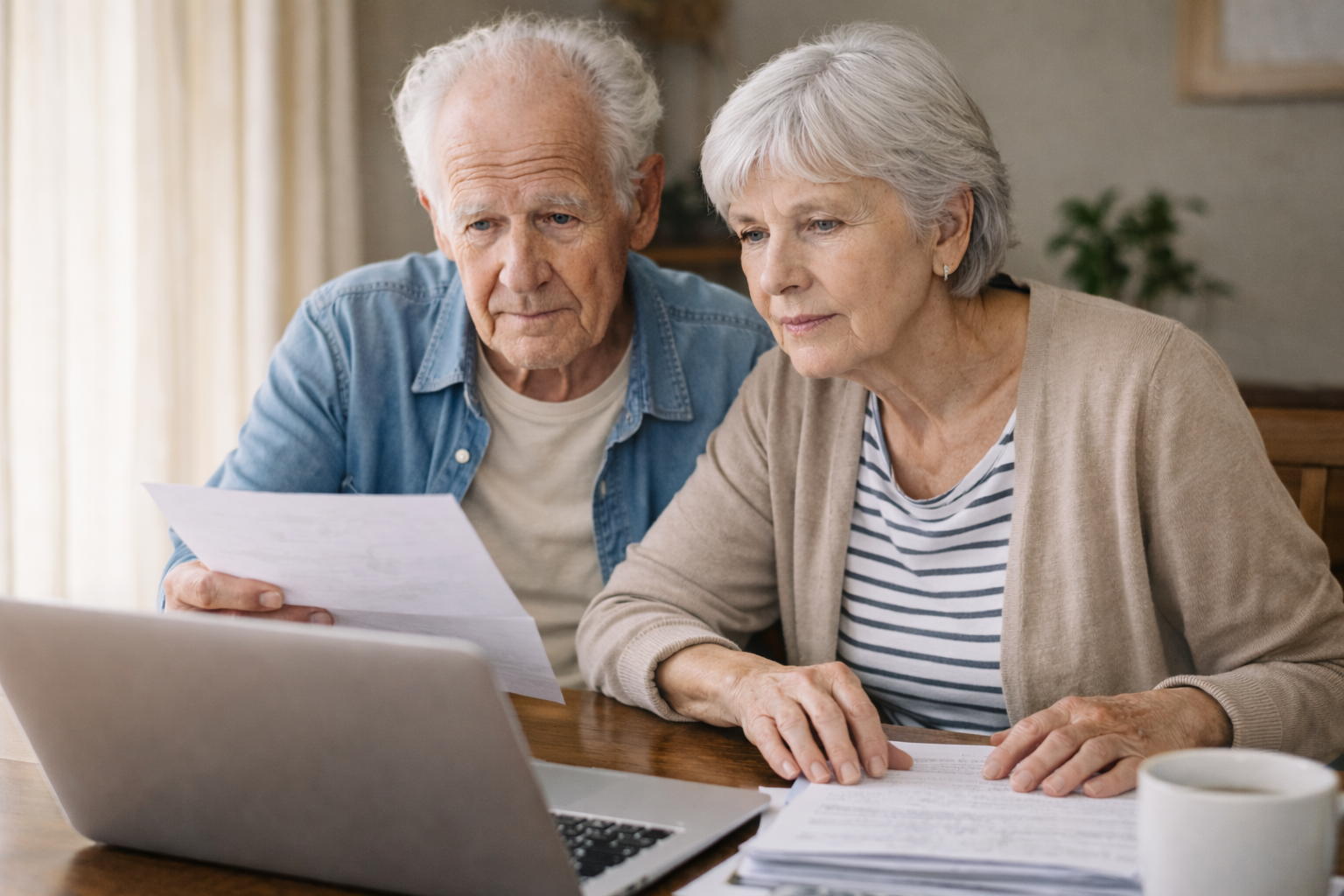 Senior couple reviewing bills together at home.