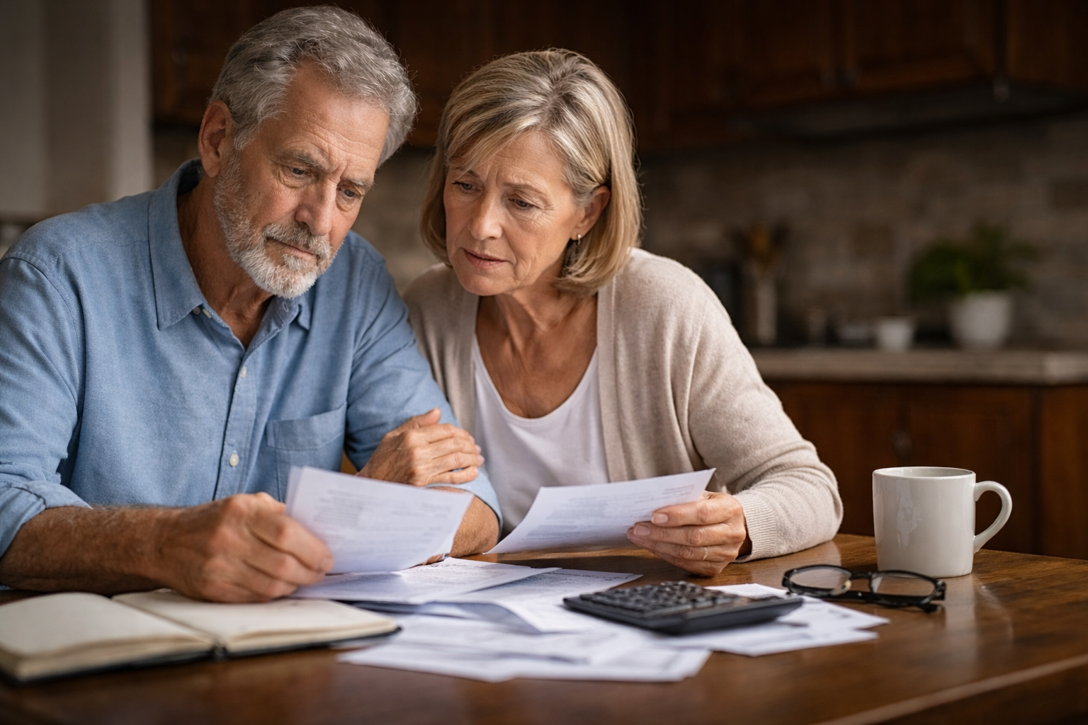 A senior couple reviewing paperwork and bills at a table.